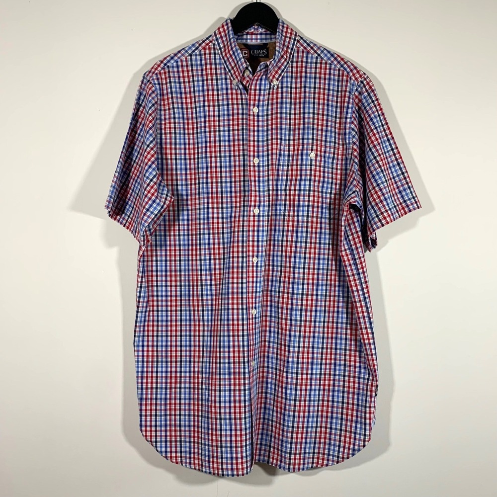 Chaps Men's LT Red Blue Plaid Button Up Short Sleeve Cotton Blend Shirt Casual
